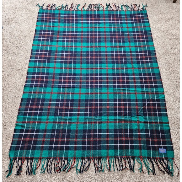 Vintage Pendleton Highland Motor Robe Wool Blanket Plaid Green Navy 52x70 USA